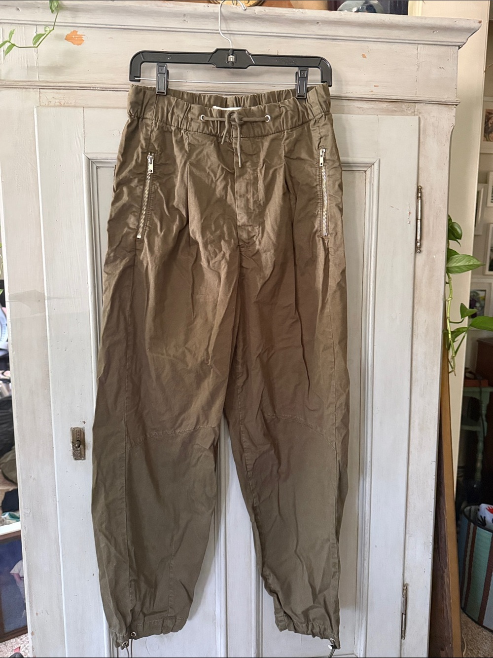 Zara Olive Drawstring Utility Trousers with Zip Pockets